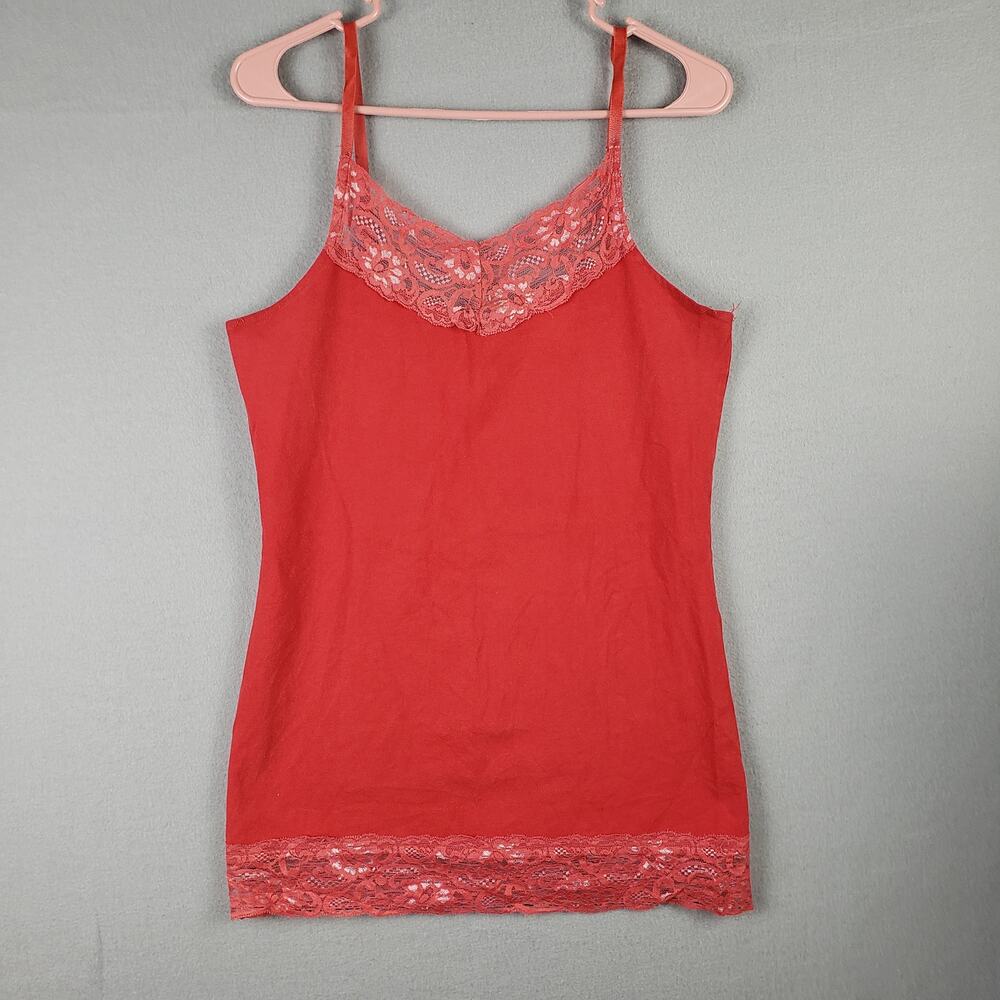 Y2K Size XL Lace Trim Cami‎ Tank Top Red Orange Layering Stretch Elena Gilbert